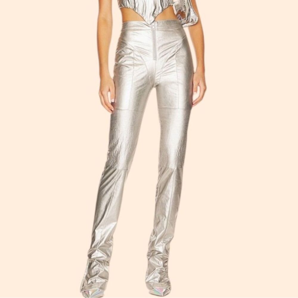 h:ours Nola Faux Leather Silver Pants